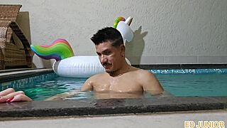 Brazilian brunette pornstar with big tits gives deepthroat blowjob. She gets pov face fucking by huge monster cock in pool.