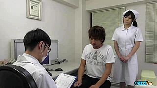 subtle hospital scene where asian nurse passionately assists patient with deep oral relief in lingerie