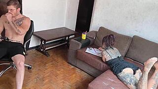 Gay guy licks tattooed pornstar's big ass and wet pussy before intense anal fucking