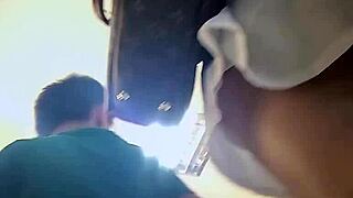 Young 18+ wears purple panties under skirt for upskirt view on upsklens com