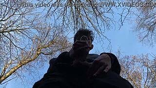 Dominating Outdoor Scene with Cute European Twink Handjob on 9 Inches Cock