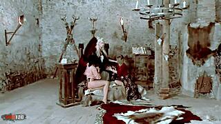 Three pornstars dive into hardcore lesbian threesome with costumes and dildo toys for intense group fucking