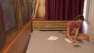 Hot petite tight shaved pussy alice flashes in room with tshirt and shoes