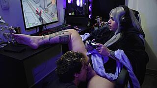 Curvy goth latina with pierced nipples gets bent over and fucked doggystyle while playing fortnite