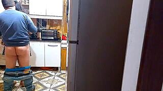 Amateur Asian BBW Housewife in Kitchen Fetish Roleplay with British Boss and Brazilian Lover. Cute Chubby Wife Moans in Rough Homemade Sex with Handcuffs and Natural Tits.