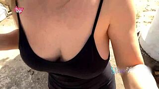 naughty couple having sex in public with cars passing by and seeing everything including creampie in milf pussy