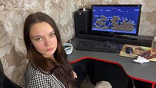 Stepmother looks young enough for taboo desk fucking with brunette girl next door in outdoor roleplay