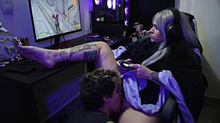 Curvy goth latina with pierced nipples gets bent over and fucked doggystyle while playing fortnite