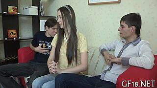 This wicked barely legal teen 18+ girl gets bent over for rough homemade group fucking and sucking. She moans in hardcore orgasm!