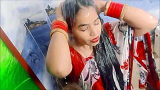 she takes a relaxing shower in her wetlook saree, letting the water soak through the fabric completely