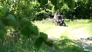 Brunette girl rides motorcycle then bends over for outdoor public doggystyle fuck with cum in mouth.
