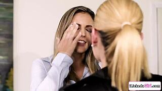 why is this blonde secretary teasing and facesitting her lesbian boss in the office?
