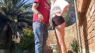 Neighbor watches couple with small tits wife in heels bent over for doggystyle creampie outdoors.