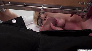 Blonde with Glasses and Tattoos Gets Choked in Deepthroat Blowjob, Fingering, Pussy Licking Before Facial Cumshot on Exam Day - Reality Kings