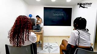 in a wild classroom twist, the kinky teacher seduces her two lesbian students into a bisexual threesome with dildo play and interracial doggystyle.