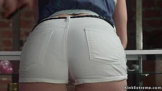 sex shop owner dominates bound blonde with choking gagging deepthroat and rough anal fucking