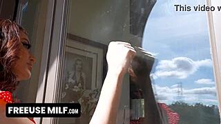 Blue-eyed milf with fake tits cheats on sofa with deepthroat face fucking and rough hardcore sex