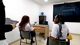 in a wild classroom twist, the kinky teacher seduces her two lesbian students into a bisexual threesome with dildo play and interracial doggystyle.