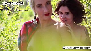 Two blonde and redhead Czech teens striptease outdoors, teasing with ass and tits in lesbian massage game