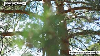 Two blonde and redhead Czech teens striptease outdoors, teasing with ass and tits in lesbian massage game