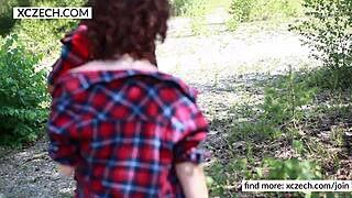 Two blonde and redhead Czech teens striptease outdoors, teasing with ass and tits in lesbian massage game