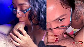 Beautiful Mexican babe sucks two cocks - one huge monster cock and one small cock, acting like a total slut who loves chupando vergas