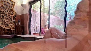 Stepson Flashes Big Cock on Balcony to Milf Stepmom in Bra While Neighbors Watch Outdoor Handjob