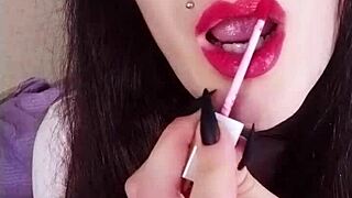 backstage reveals hot brunette with cute dirty european fetish lipstick long hair piercing tongue in homemade behind the scenes