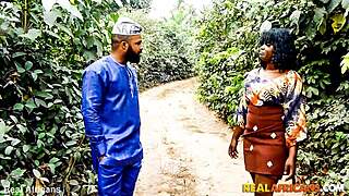 African black stud bends over ebony bbw for deepthroat blowjob and rough hairy pussy riding with cumshot