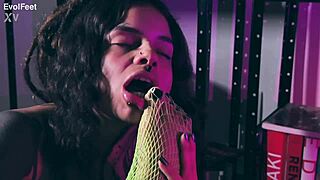 Brunette goddess dominates with choking and deepthroat. She teases in pantyhose before foot licking and femdom play.