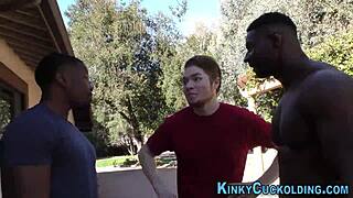 teen cuckolds old guy outdoors in interracial 3way with monster cock blowjob and cum in mouth
