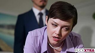 Small secretary meets new boss for a quick office chat