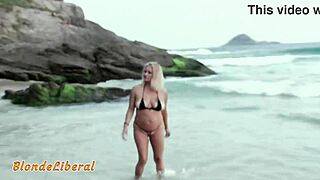 trailer on the beach with microbikini showing and interacting with strangers