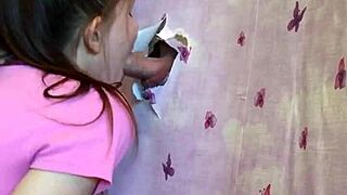 hey our homemade gloryhole blowjob through walls ended with cumshot on ponytail brunette