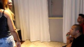 EU E MINHA AMIGA spread big ass and tease muscular guy before blonde blowjob. then she takes young cock in pussy lips while spitting.