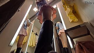 Blonde Feels So Horny Without Panties In See-Through Skirt On Hidden Cam In Dressing Room