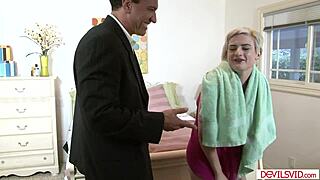 Blonde babysitter gets bent over for doggystyle assfucking by her boss with monster cock. Devilsvid com captures the hardcore bedroom action.