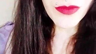 backstage reveals hot brunette with cute dirty european fetish lipstick long hair piercing tongue in homemade behind the scenes