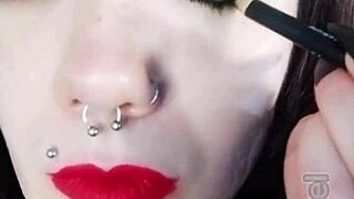 backstage reveals hot brunette with cute dirty european fetish lipstick long hair piercing tongue in homemade behind the scenes