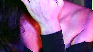 Petite brunette babe gives deepthroat blowjob with cum swallow in wet pov neon night