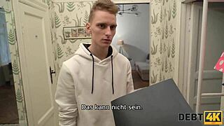 In this narrative, a Russian shopaholic gets fucked by a debt collector in her husband's presence to settle debts.