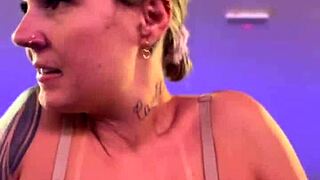 At the gym I got so hot I took off my shirt stayed in my bra oh I got so horny and hot sweat dripped down my wet pussy with tan lines.