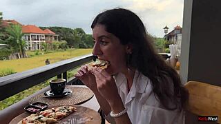 Skinny Brunette Eats Pizza With Cum On Face In Public Cafe