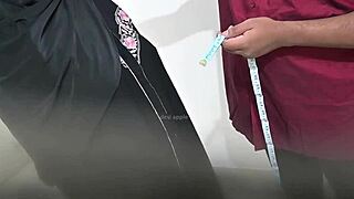 tailor measuring hijab lady's big tits and ass for blouse with arab indian style