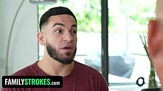 Naughty little 18+ tease sucks thick monster cock with big tits bouncing while stepdad watches taboo cfnm action unfold in front of him