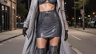 Dirty after work in leather boots and skirt teasing outdoor in public for part 1