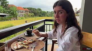 Skinny Brunette Eats Pizza With Cum On Face In Public Cafe