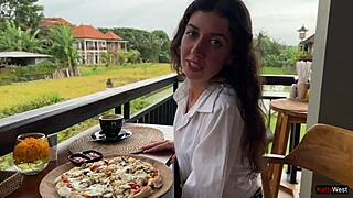 Skinny Brunette Eats Pizza With Cum On Face In Public Cafe