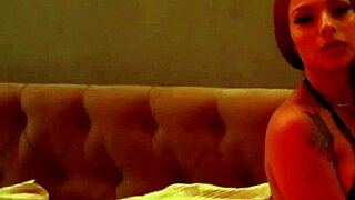 Redhead couple in corset lingerie moans during blowjob and creampie sex with big cock.