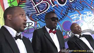 Busty blonde Cindee takes big black cocks in interracial gangbang